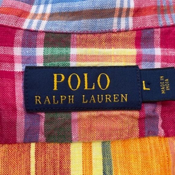 Men's POLO - Ralph Lauren - Bright Multi Colored Plaid Linen L. S. Shirt - L - Picture 11 of 12
